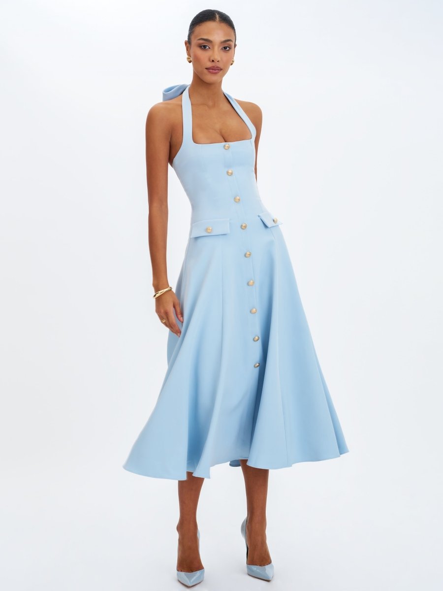 Gillian Mist Blue Halter Midi Dress - HOUSE OF SHE