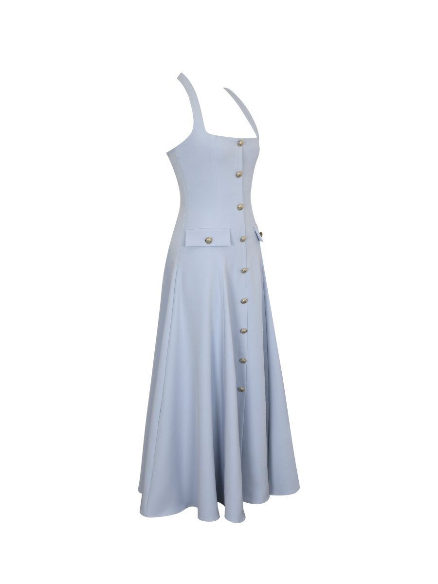 Gillian Mist Blue Halter Midi Dress - HOUSE OF SHE