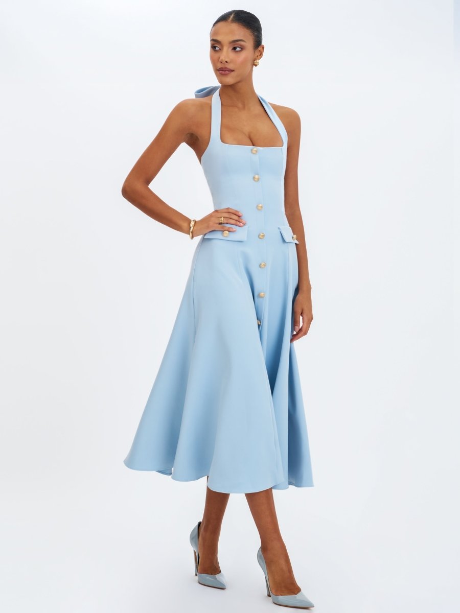 Gillian Mist Blue Halter Midi Dress - HOUSE OF SHE