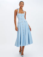 Gillian Mist Blue Halter Midi Dress - HOUSE OF SHE