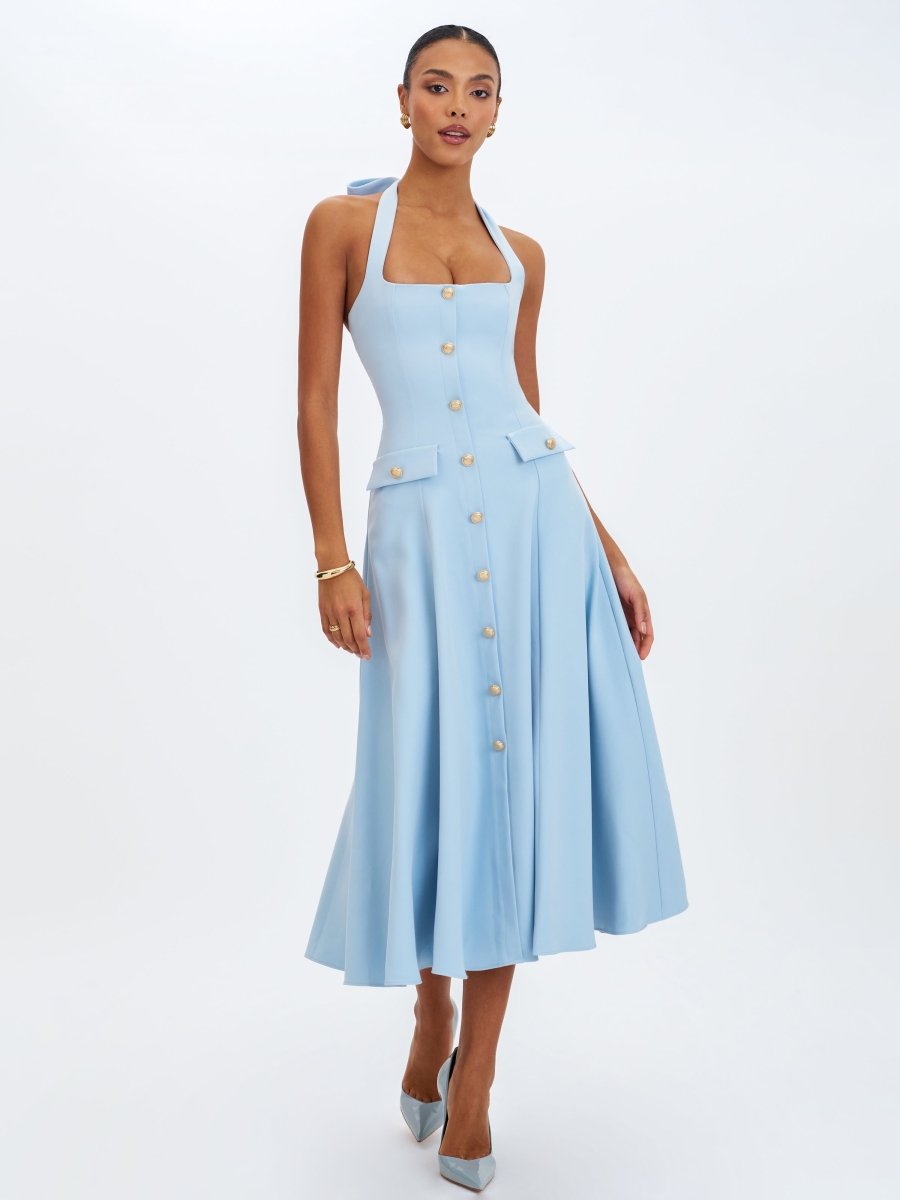 Gillian Mist Blue Halter Midi Dress - HOUSE OF SHE