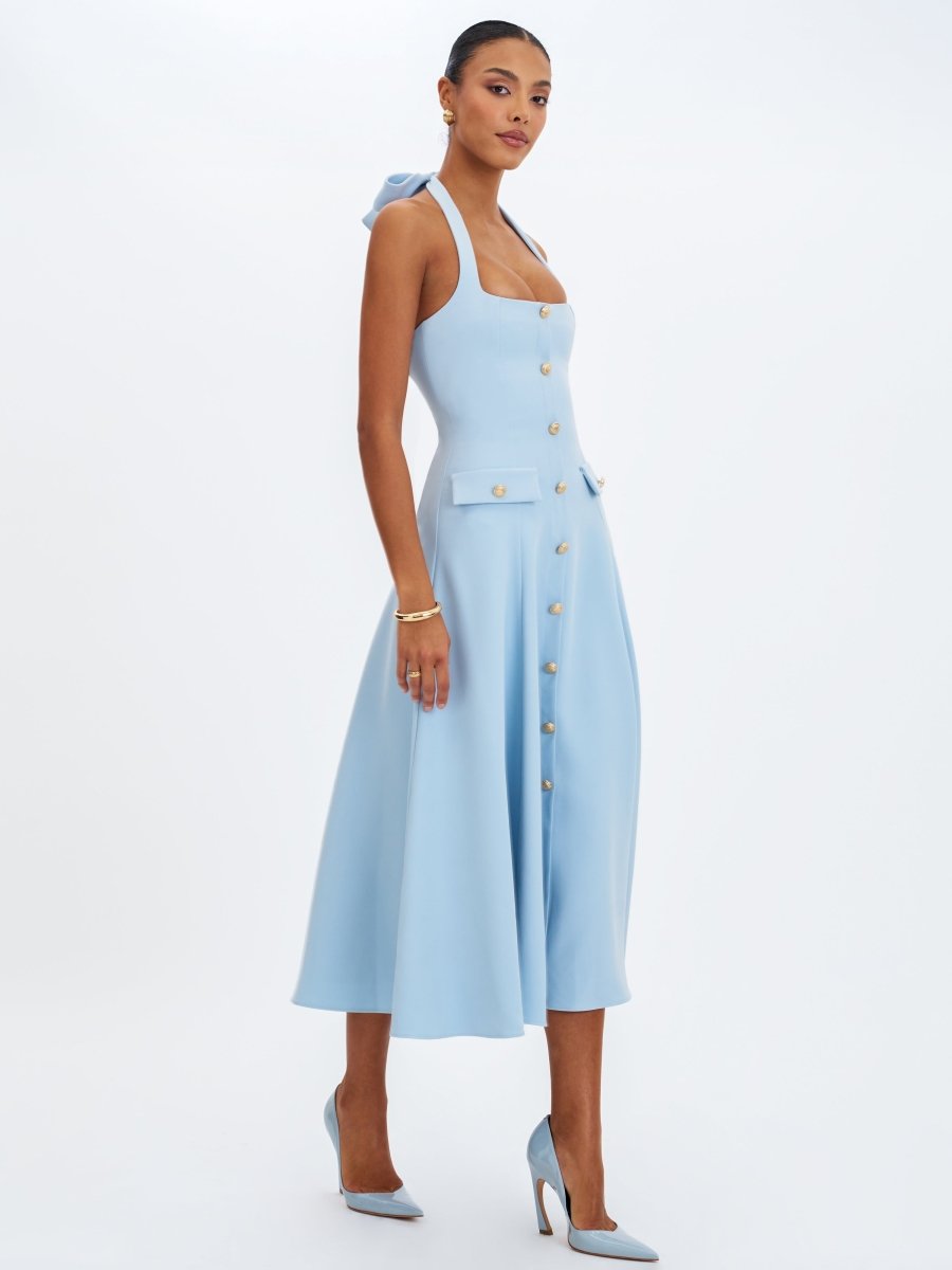 Gillian Mist Blue Halter Midi Dress - HOUSE OF SHE