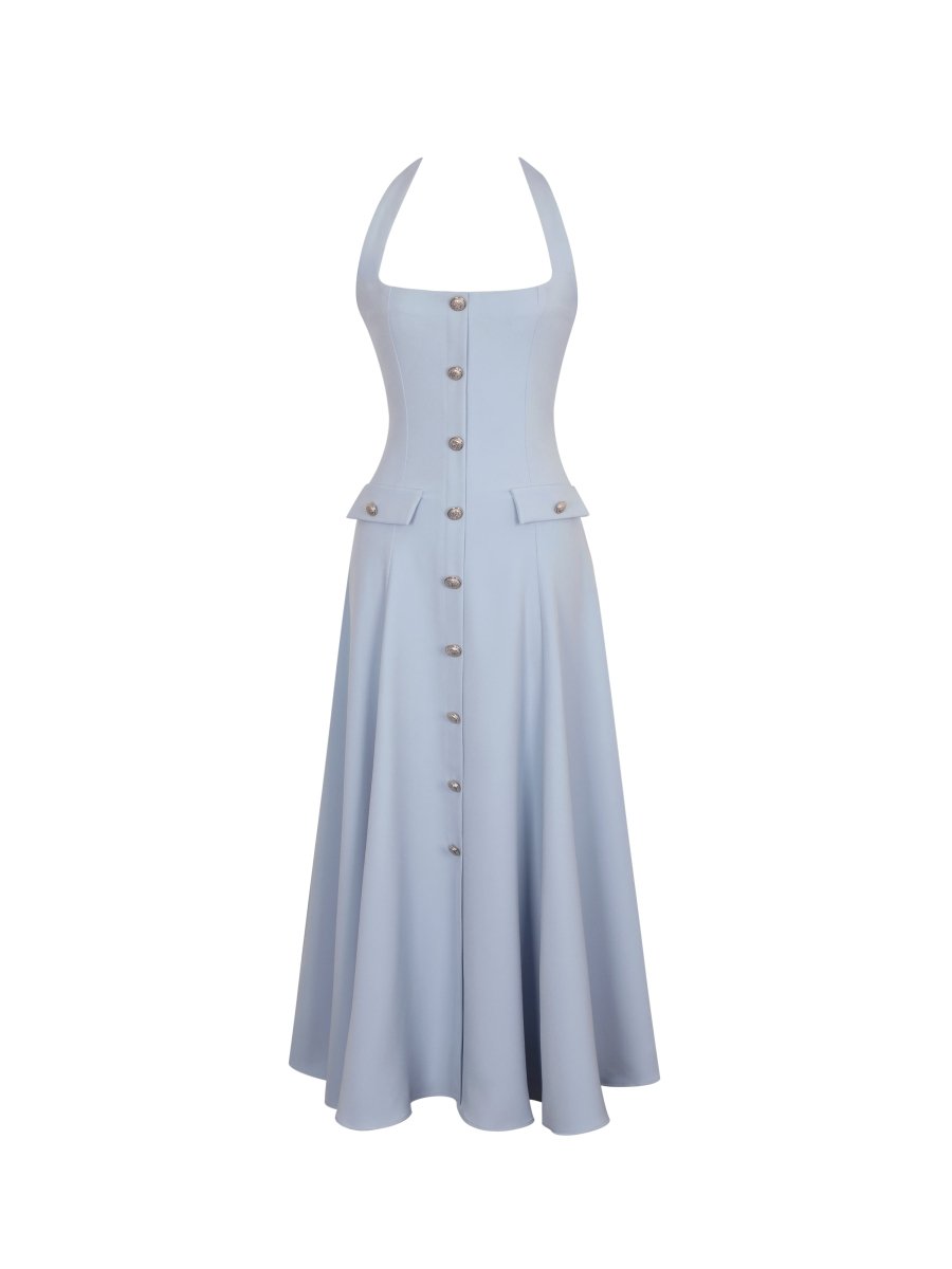 Gillian Mist Blue Halter Midi Dress - HOUSE OF SHE