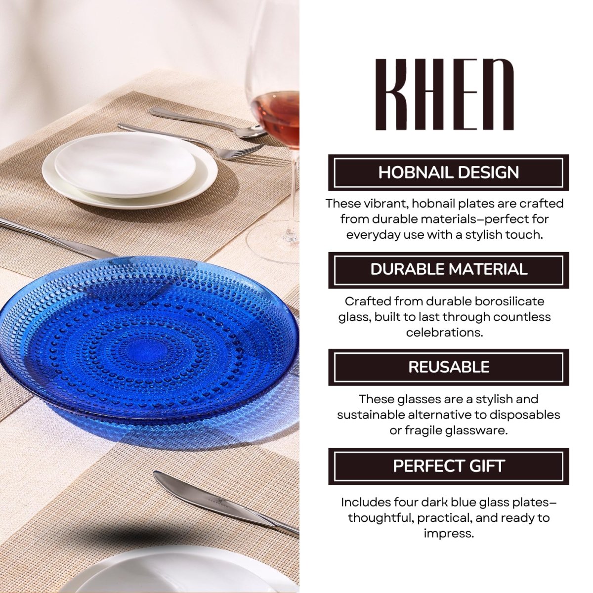 Glass Hobnail Dinner or Charger Plates | Set of 4 | Dark Blue - HOUSE OF SHE