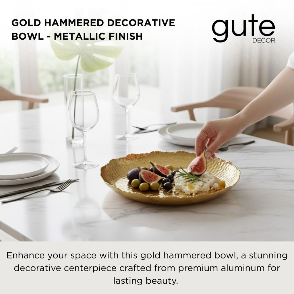 Gold Hammered Decorative Bowl Elegant Aluminum Centerpiece - HOUSE OF SHE
