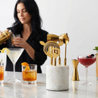 Gold Marble Cocktail Bar Tool Set, 5 Piece 9.06 x 3.75 Inch White Stone Holder Stainless Steel - HOUSE OF SHE
