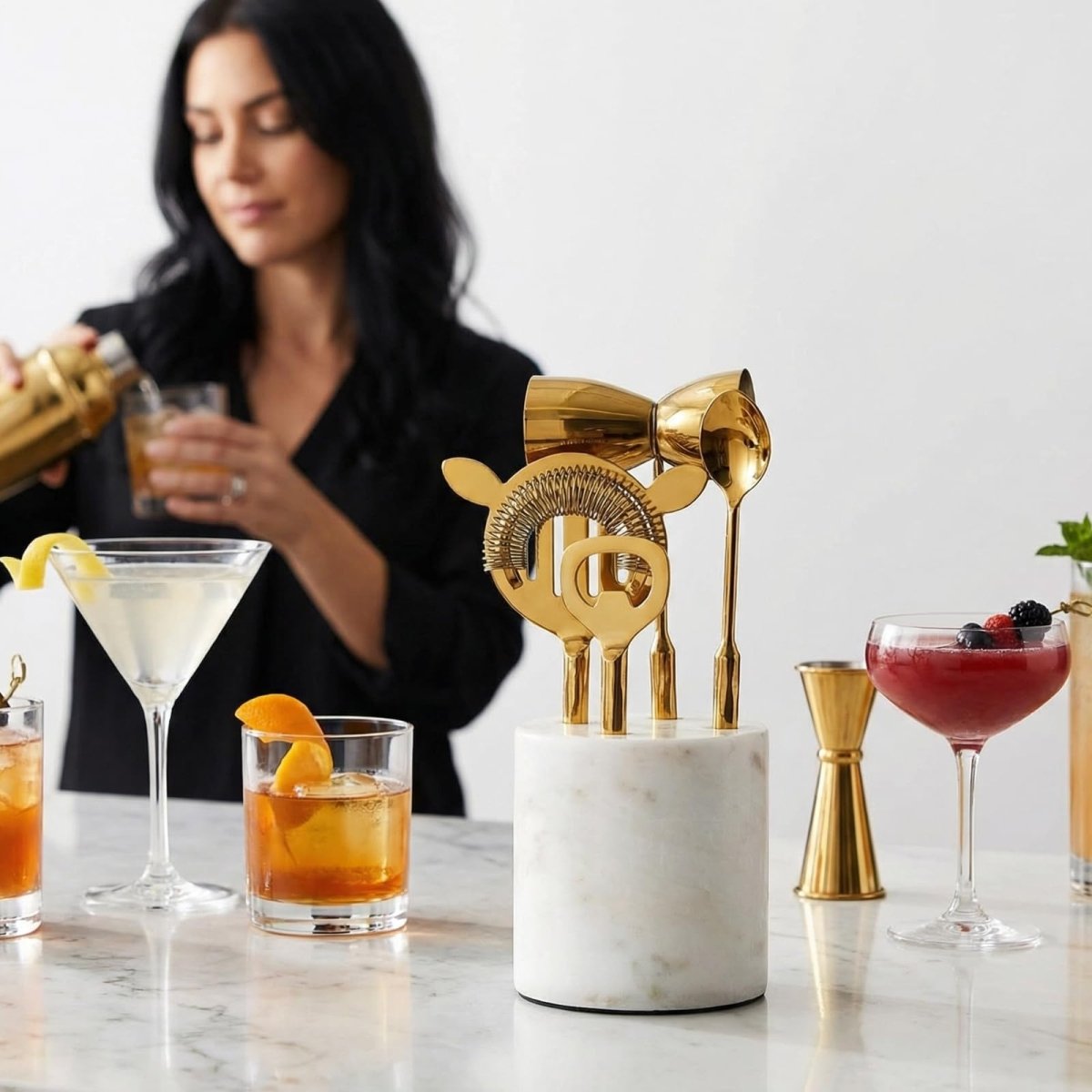 Gold Marble Cocktail Bar Tool Set, 5 Piece 9.06 x 3.75 Inch White Stone Holder Stainless Steel - HOUSE OF SHE