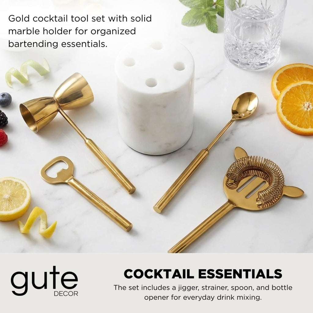 Gold Marble Cocktail Bar Tool Set, 5 Piece 9.06 x 3.75 Inch White Stone Holder Stainless Steel - HOUSE OF SHE