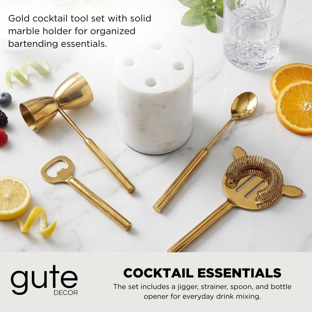 Gold Marble Cocktail Bar Tool Set, 5 Piece 9.06 x 3.75 Inch White Stone Holder Stainless Steel - HOUSE OF SHE
