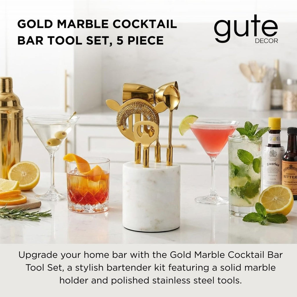 Gold Marble Cocktail Bar Tool Set, 5 Piece 9.06 x 3.75 Inch White Stone Holder Stainless Steel - HOUSE OF SHE