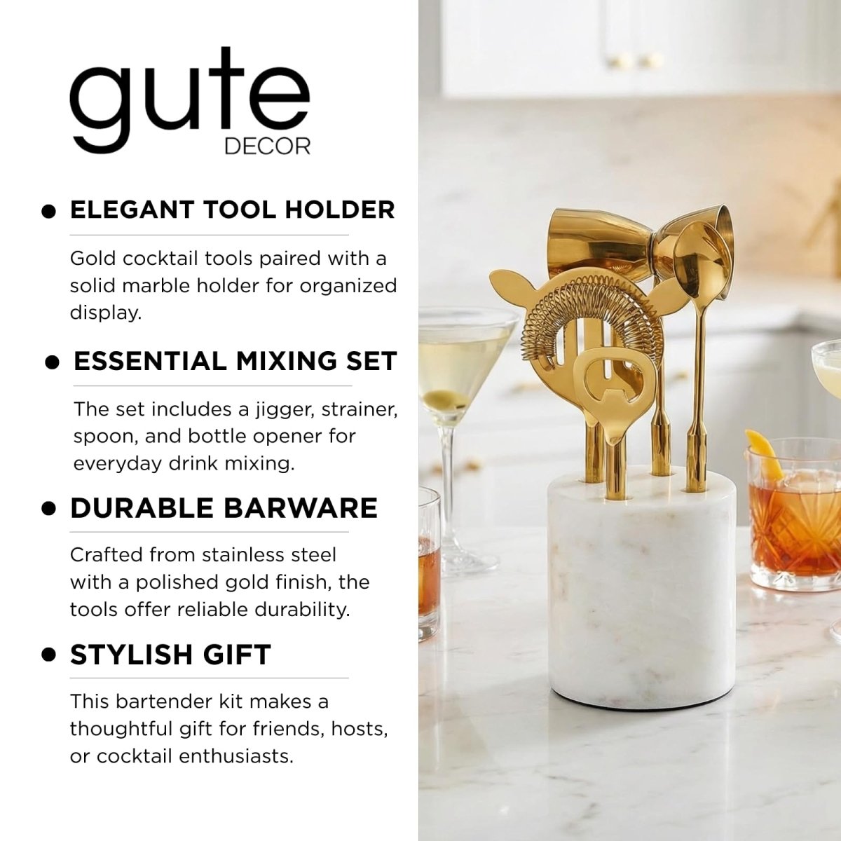 Gold Marble Cocktail Bar Tool Set, 5 Piece 9.06 x 3.75 Inch White Stone Holder Stainless Steel - HOUSE OF SHE