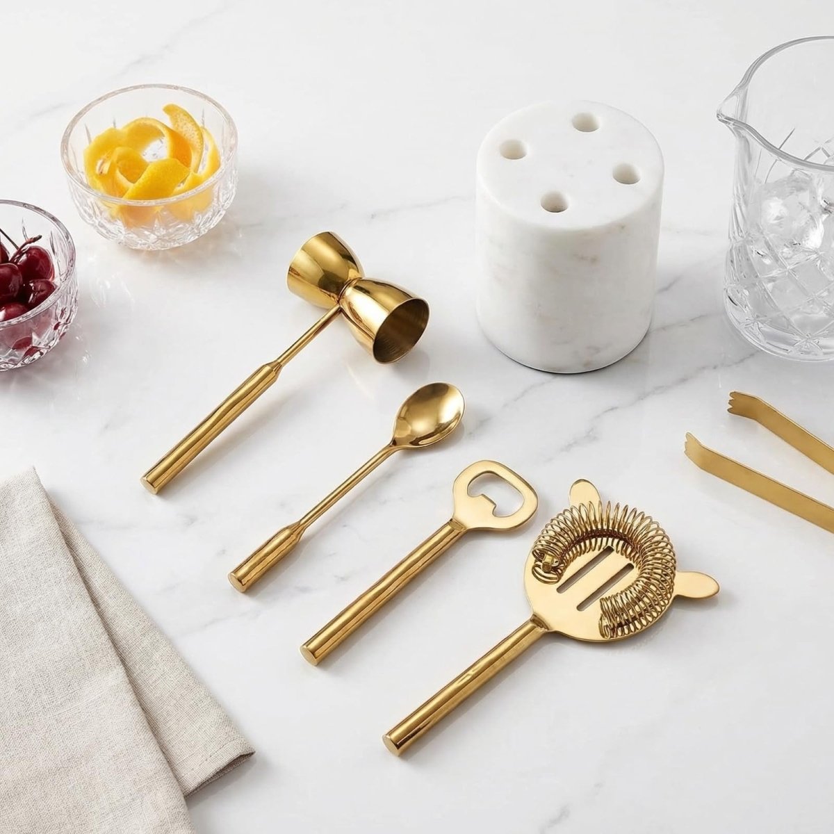 Gold Marble Cocktail Bar Tool Set, 5 Piece 9.06 x 3.75 Inch White Stone Holder Stainless Steel - HOUSE OF SHE