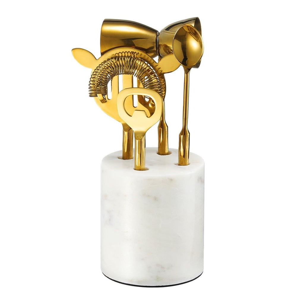 Gold Marble Cocktail Bar Tool Set, 5 Piece 9.06 x 3.75 Inch White Stone Holder Stainless Steel - HOUSE OF SHE