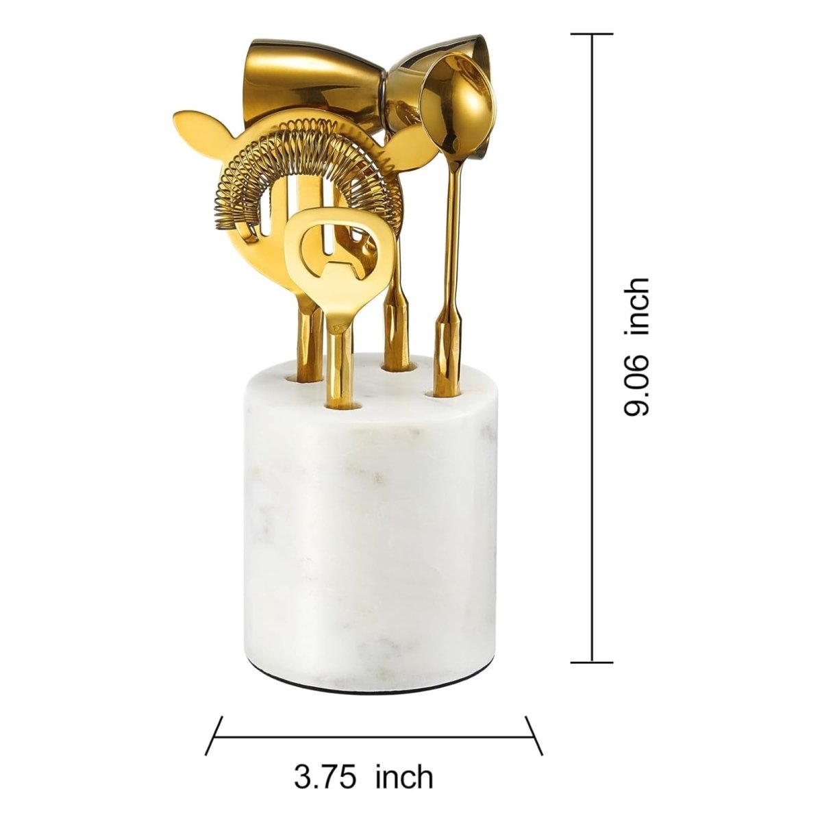 Gold Marble Cocktail Bar Tool Set, 5 Piece 9.06 x 3.75 Inch White Stone Holder Stainless Steel - HOUSE OF SHE