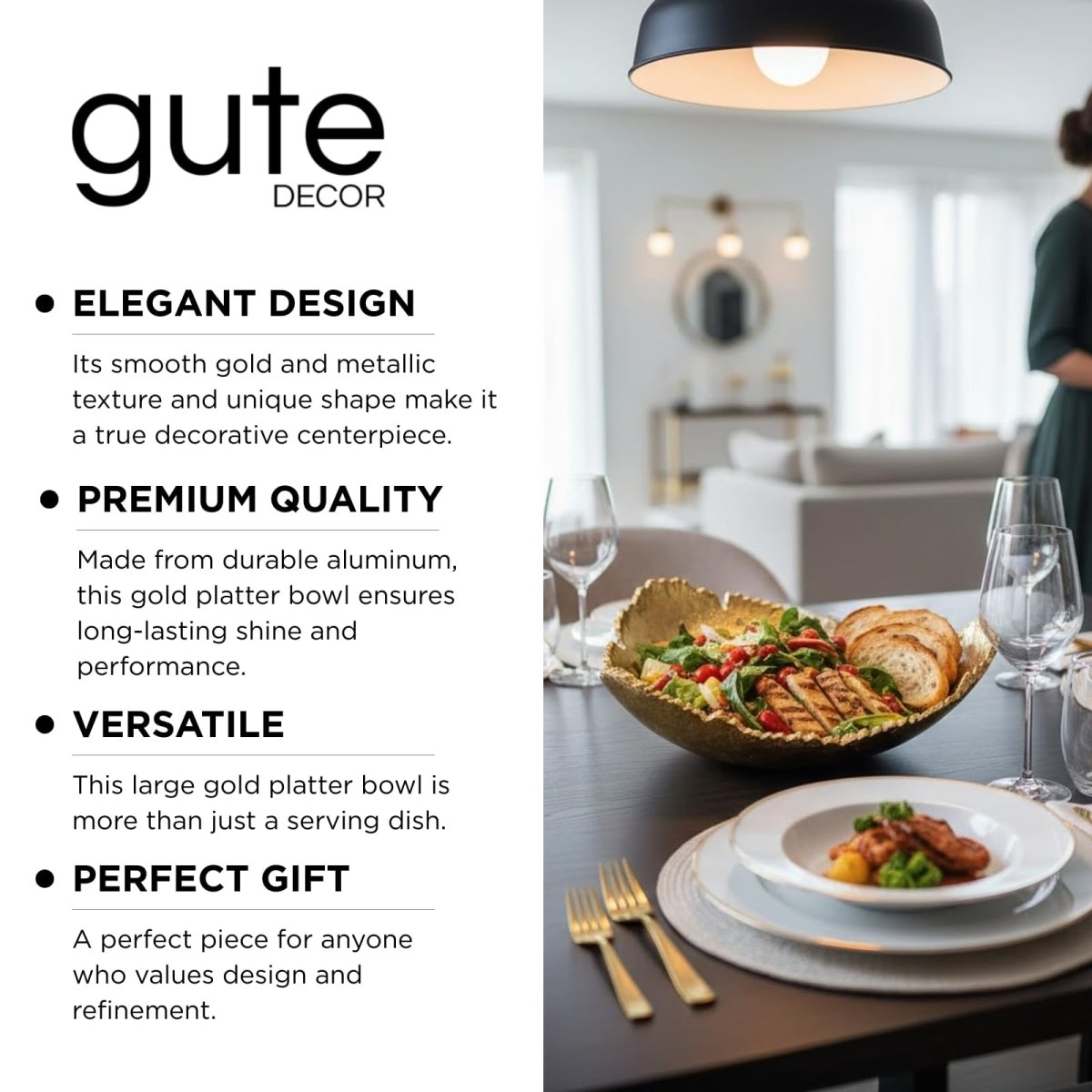 Gold Platter Bowl – Modern Aluminum Decorative Centerpiece with Textured Metallic Finish - HOUSE OF SHE