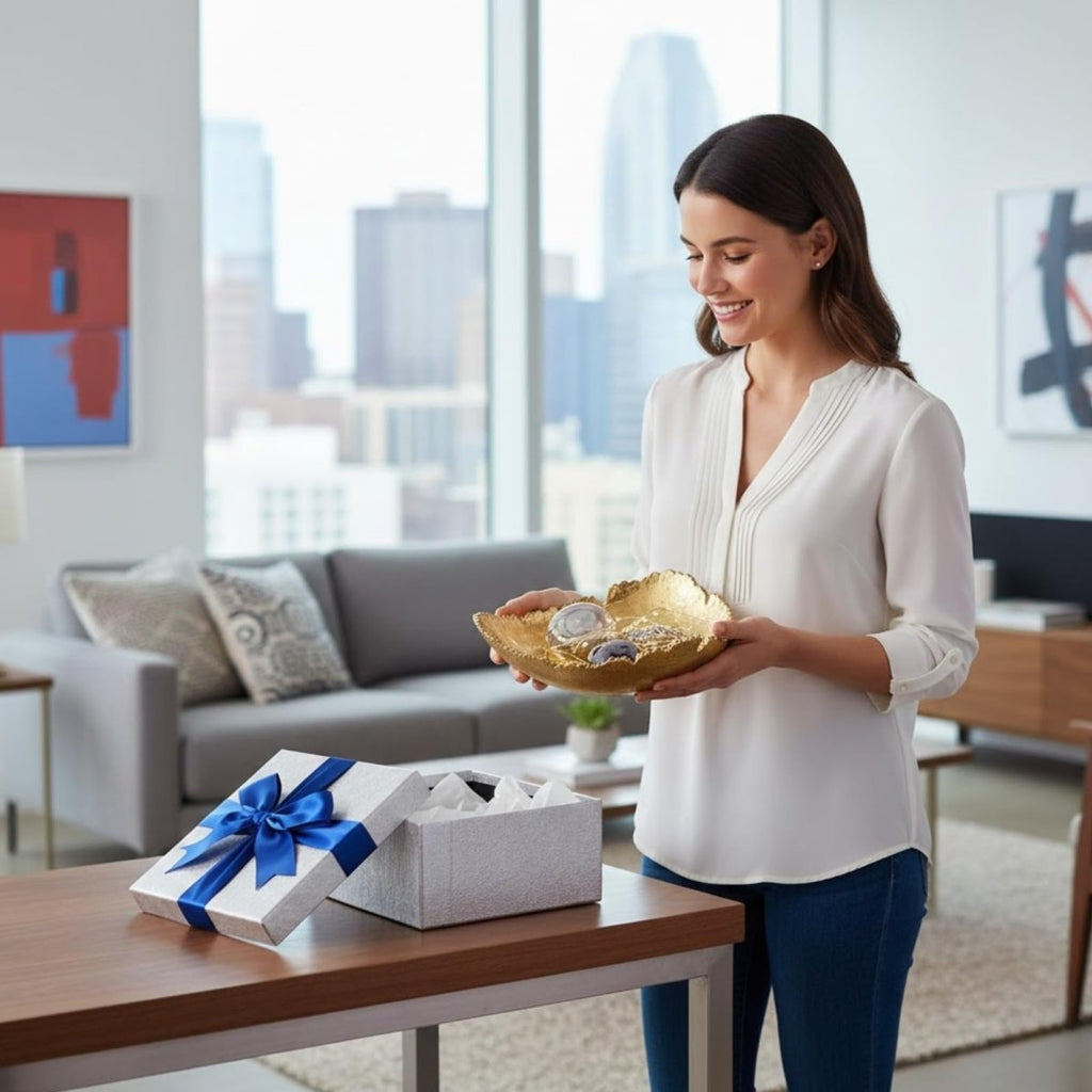 Gold Platter Bowl – Modern Aluminum Decorative Centerpiece with Textured Metallic Finish - HOUSE OF SHE