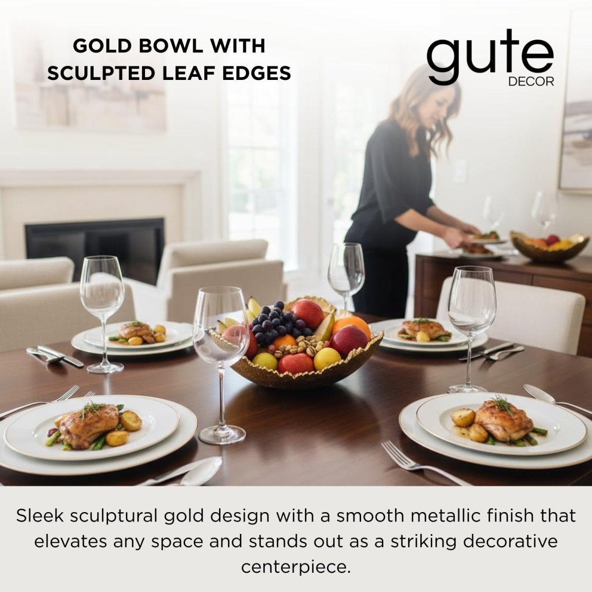 Gold Platter Bowl – Modern Aluminum Decorative Centerpiece with Textured Metallic Finish - HOUSE OF SHE