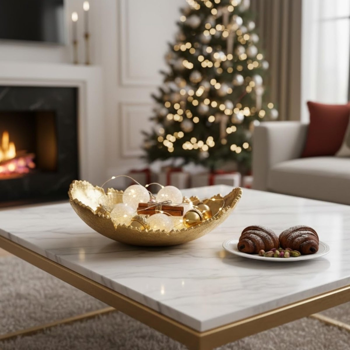 Gold Platter Bowl – Modern Aluminum Decorative Centerpiece with Textured Metallic Finish - HOUSE OF SHE