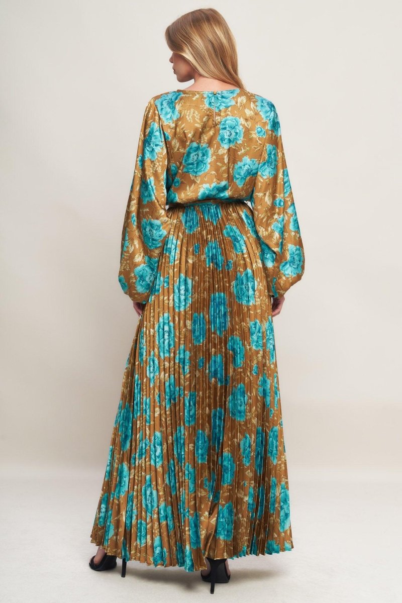 GOLDEN BLOOM LUXE WOVEN SATIN MAXI DRESS - HOUSE OF SHE