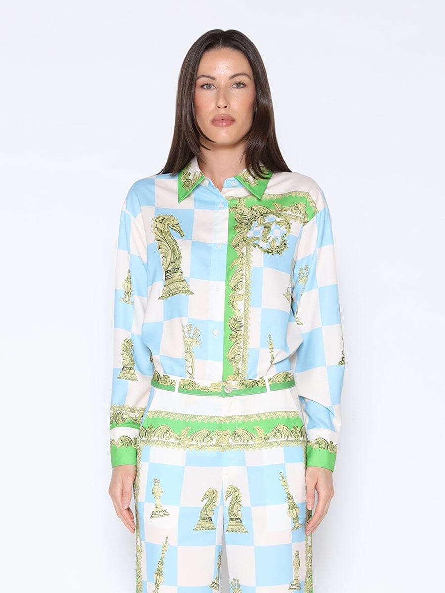 Gracia Fashion Women's Checkmate Satin Long Sleeve Button Down Shirt - HOUSE OF SHE