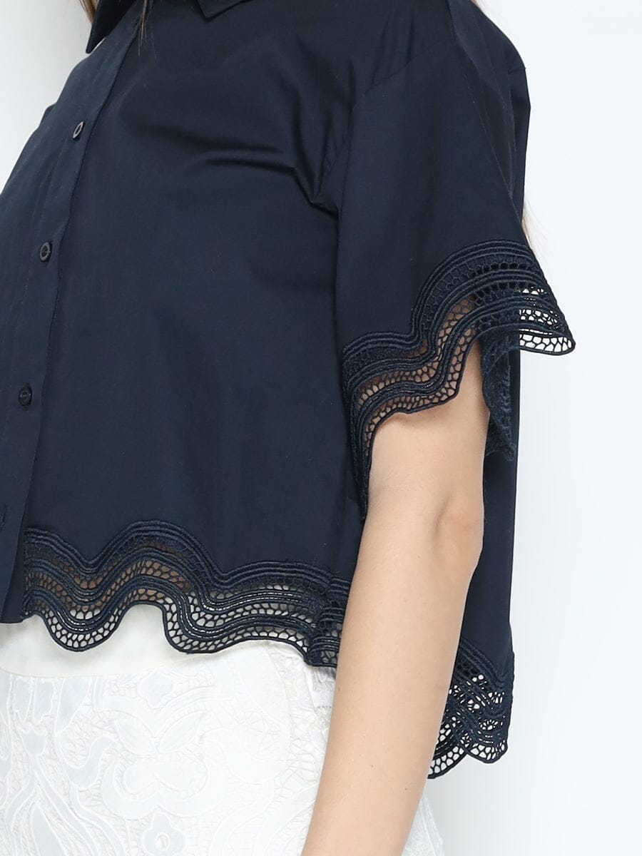 Gracia Fashion Women's Lace Hem Short Sleeve Button-Down Shirt - HOUSE OF SHE