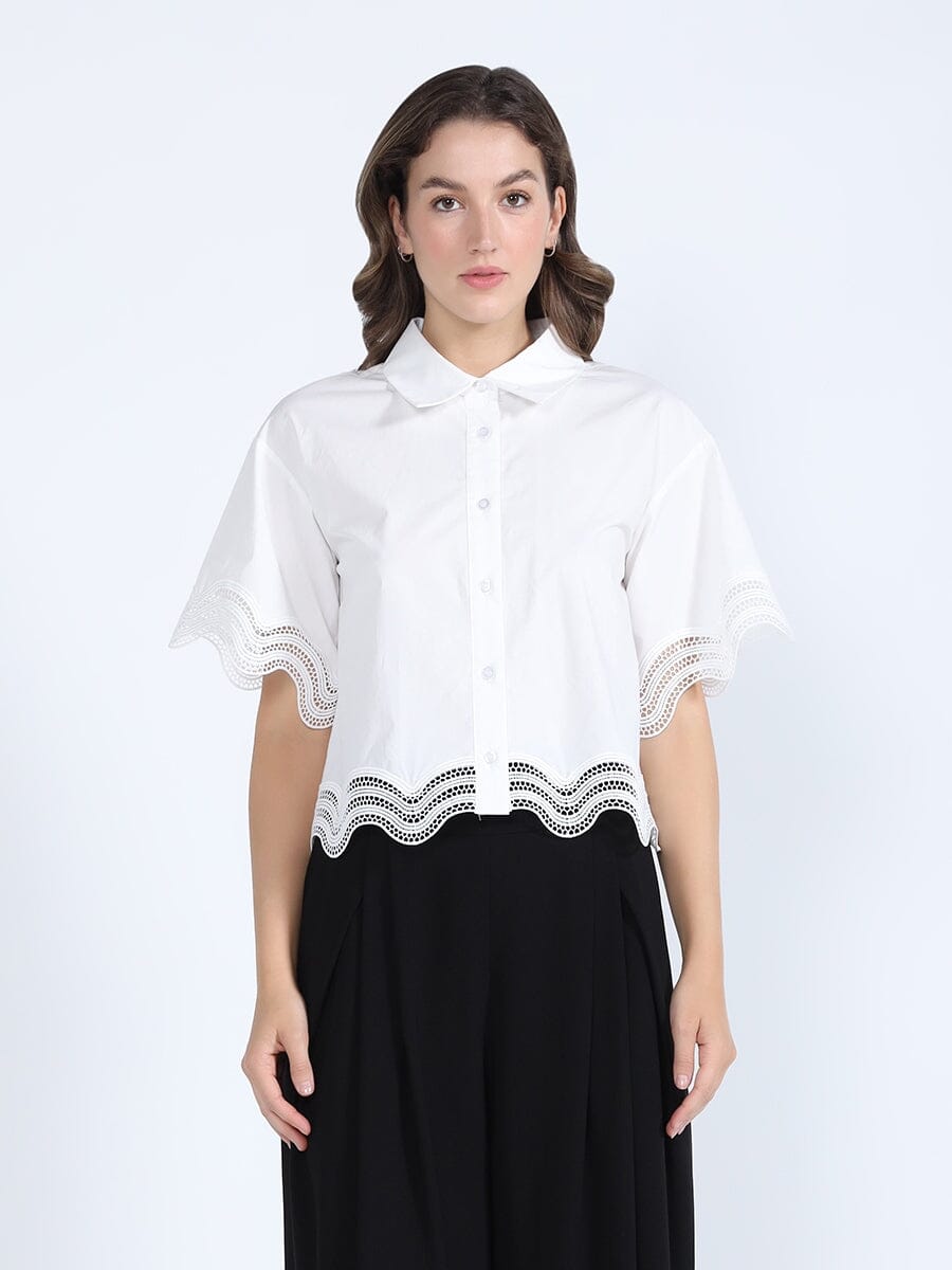 Gracia Fashion Women's Lace Hem Short Sleeve Button-Down Shirt - HOUSE OF SHE