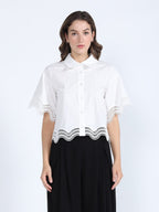 Gracia Fashion Women's Lace Hem Short Sleeve Button-Down Shirt - HOUSE OF SHE