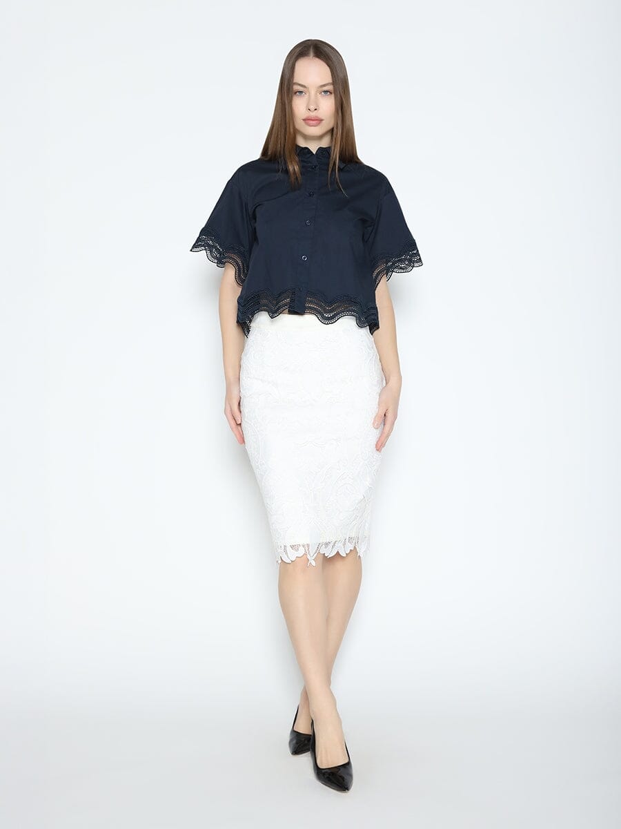 Gracia Fashion Women's Lace Hem Short Sleeve Button-Down Shirt - HOUSE OF SHE