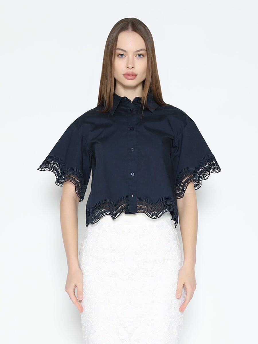 Gracia Fashion Women's Lace Hem Short Sleeve Button-Down Shirt - HOUSE OF SHE