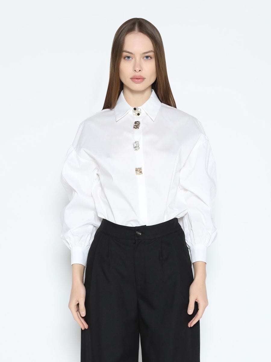 Gracia Fashion Women's Long Puff Sleeve Button Detail Cotton Shirt - HOUSE OF SHE