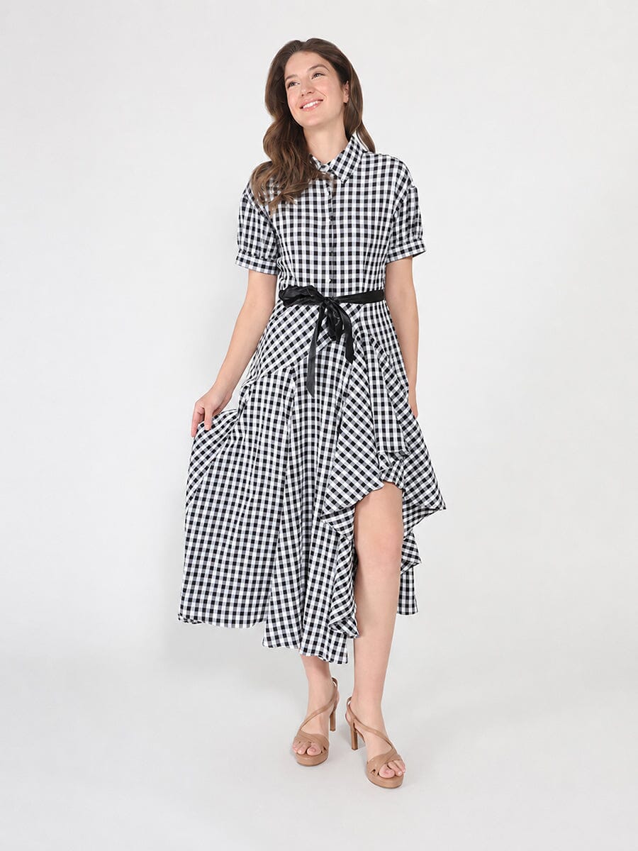 Gracia Fashion Women's Plaid Pattern Asymmetrical Ruffle Midi Dress - HOUSE OF SHE