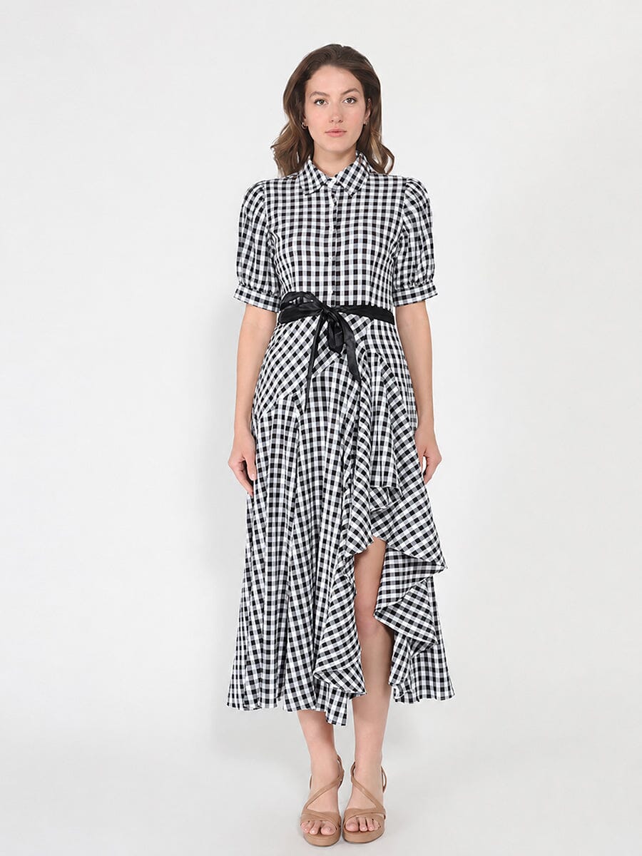 Gracia Fashion Women's Plaid Pattern Asymmetrical Ruffle Midi Dress - HOUSE OF SHE