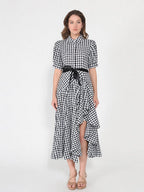 Gracia Fashion Women's Plaid Pattern Asymmetrical Ruffle Midi Dress - HOUSE OF SHE