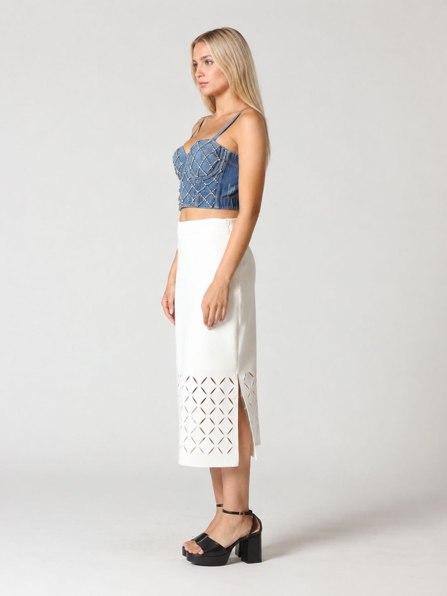 Gracia Fashion Women's Rhinestone Embellished Denim Bustier Top - HOUSE OF SHE