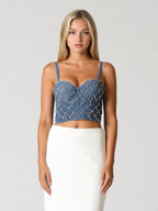 Gracia Fashion Women's Rhinestone Embellished Denim Bustier Top - HOUSE OF SHE