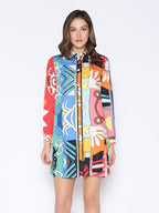 Gracia Fashion Women's Tribal Print Pearl Button-Down Shirt Dress - HOUSE OF SHE
