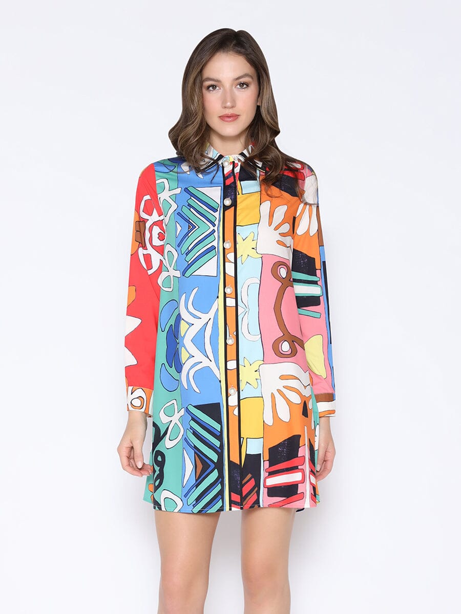 Gracia Fashion Women's Tribal Print Pearl Button-Down Shirt Dress - HOUSE OF SHE