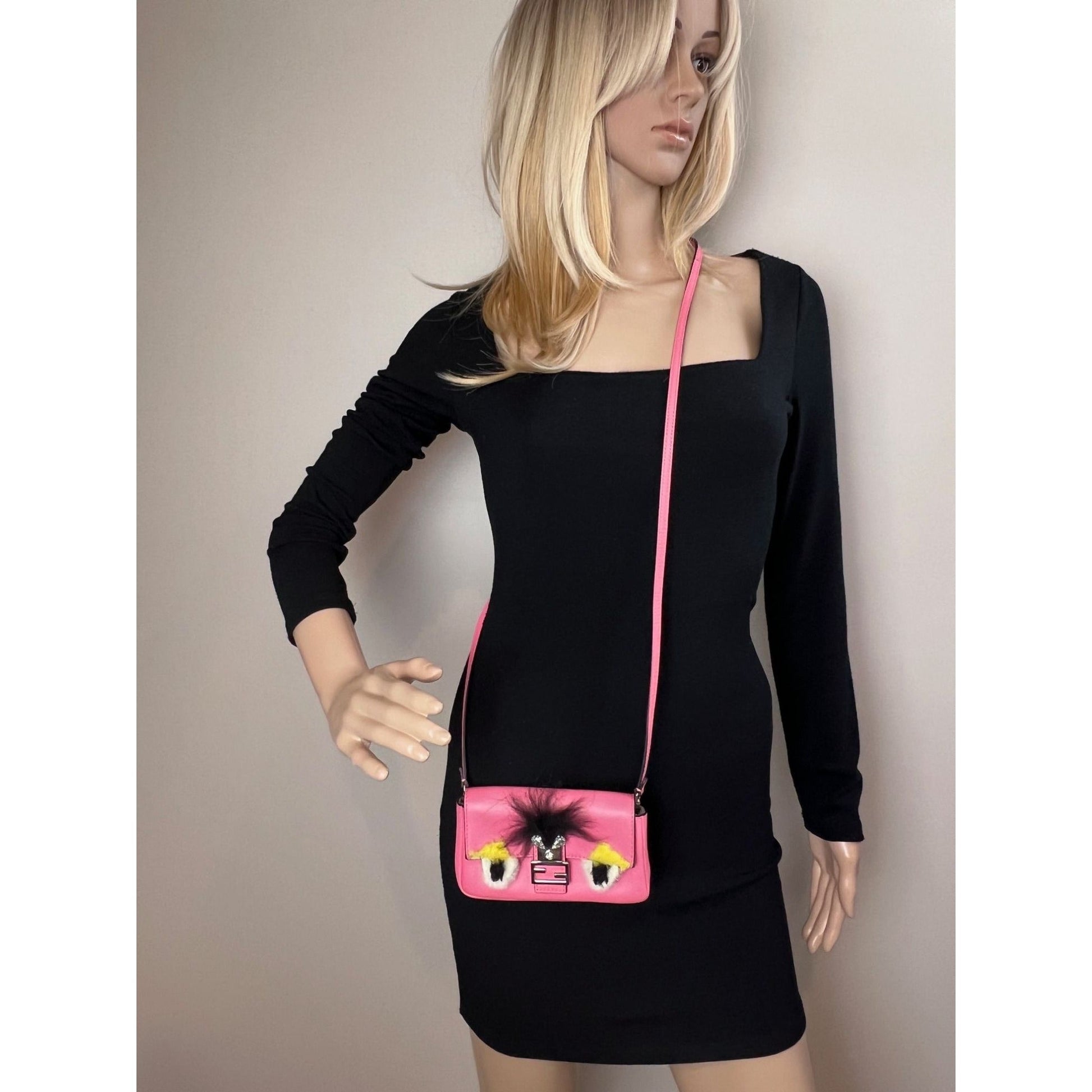 Fendi Monster Baguette Pink Leather Micro Crossbody Bag - HOUSE OF SHE