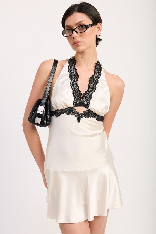 HALTER MINI DRESS WITH LACE TRIM DETAIL - HOUSE OF SHE
