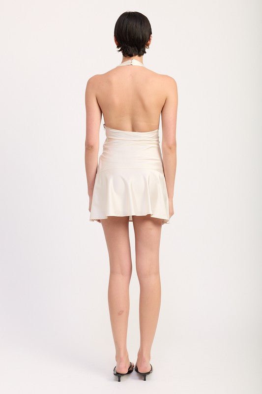 HALTER MINI DRESS WITH LACE TRIM DETAIL - HOUSE OF SHE