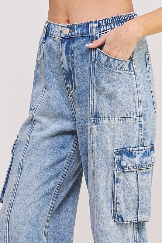 HIGH WAIST BAGGY DENIM CARGO ANKLE LENGTH TROUSERS - HOUSE OF SHE