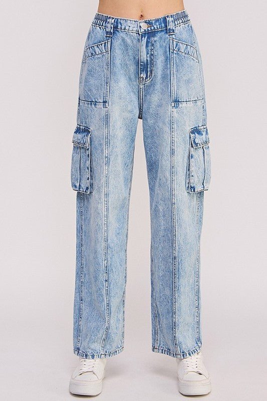 HIGH WAIST BAGGY DENIM CARGO ANKLE LENGTH TROUSERS - HOUSE OF SHE