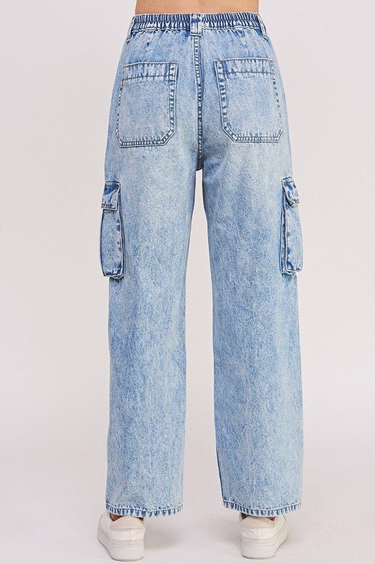 HIGH WAIST BAGGY DENIM CARGO ANKLE LENGTH TROUSERS - HOUSE OF SHE