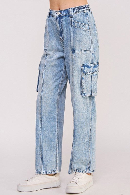 HIGH WAIST BAGGY DENIM CARGO ANKLE LENGTH TROUSERS - HOUSE OF SHE