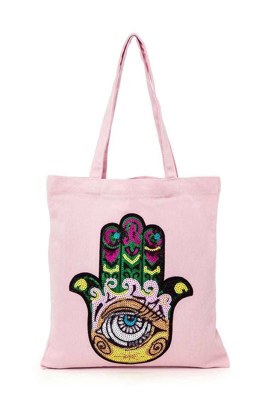 Iconic Hamsa Eye Sequins Patch Canvas Tote - HOUSE OF SHE