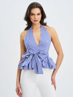 Ilene Blue Gingham Cotton Bubble Hem Halter Top - HOUSE OF SHE