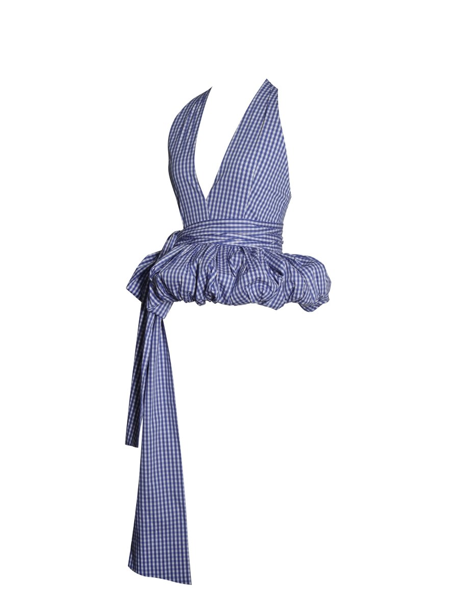 Ilene Blue Gingham Cotton Bubble Hem Halter Top - HOUSE OF SHE
