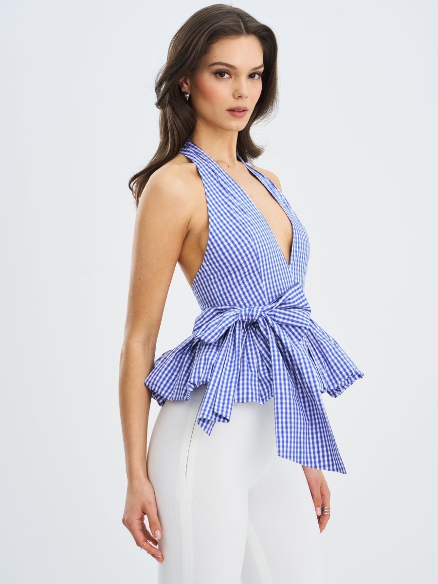 Ilene Blue Gingham Cotton Bubble Hem Halter Top - HOUSE OF SHE