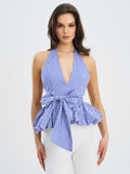 Ilene Blue Gingham Cotton Bubble Hem Halter Top - HOUSE OF SHE