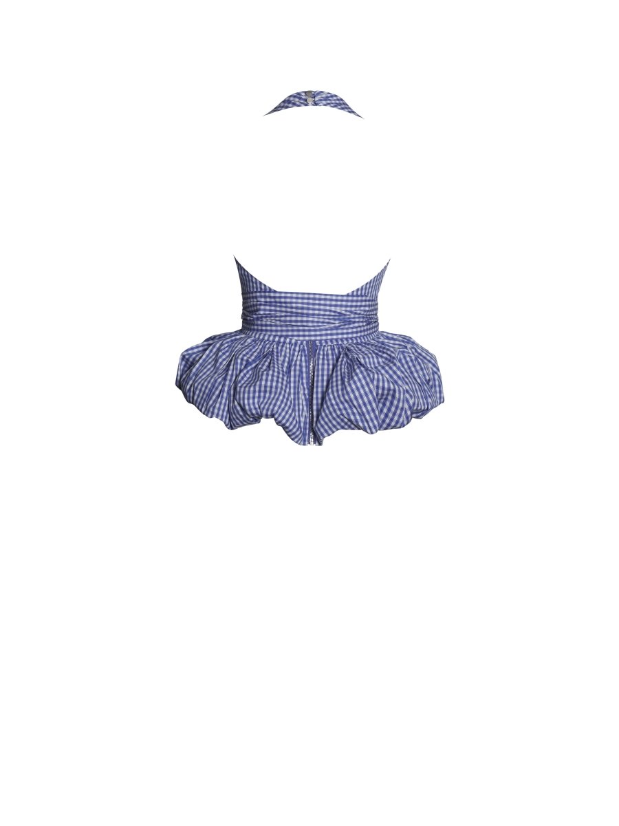 Ilene Blue Gingham Cotton Bubble Hem Halter Top - HOUSE OF SHE